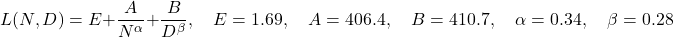 \[L(N, D) = E + \frac{A}{N^{\alpha}} + \frac{B}{D^{\beta}}, \quad E = 1.69, \quad A = 406.4, \quad B = 410.7, \quad \alpha = 0.34, \quad \beta = 0.28\]