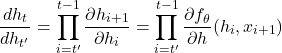 \[\frac{dh_t}{dh_{t'}} = \prod_{i=t'}^{t-1} \frac{\partial h_{i+1}}{\partial h_i} = \prod_{i=t'}^{t-1} \frac{\partial f_\theta}{\partial h}(h_i, x_{i+1})\]