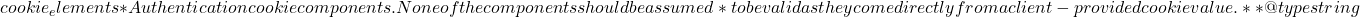 cookie_elements { 			 *     Authentication cookie components. None of the components should be assumed 			 *     to be valid as they come directly from a client-provided cookie value. 			 * 			 *     @type string