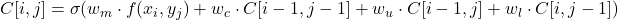 C[i,j] = \sigma(w_m \cdot f(x_i, y_j) + w_c \cdot C[i-1,j-1] + w_u \cdot C[i-1,j] + w_l \cdot C[i,j-1])