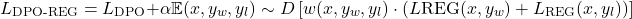 \[L_{\text{DPO-REG}} = L_{\text{DPO}} + \alpha \mathbb{E}{(x, y_w, y_l) \sim D} \left[ w(x, y_w, y_l) \cdot (L{\text{REG}}(x, y_w) + L_{\text{REG}}(x, y_l)) \right]\]