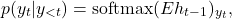 \[p(y_t | y_{<t}) = \text{softmax}(E h_{t-1})_{y_t},\]