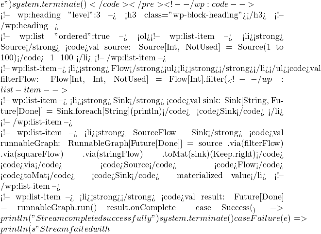 e")       system.terminate()   } }</code></pre> <!-- /wp:code -->  <!-- wp:heading {"level":3} --> <h3 class="wp-block-heading">详细解释</h3> <!-- /wp:heading -->  <!-- wp:list {"ordered":true} --> <ol><!-- wp:list-item --> <li><strong>创建 Source</strong>： <code>val source: Source[Int, NotUsed] = Source(1 to 100)</code> 我们创建了一个从 1 到 100 的整数序列作为数据源。</li> <!-- /wp:list-item -->  <!-- wp:list-item --> <li><strong>创建 Flow</strong>：<ul><li><strong>过滤偶数</strong>：</li></ul><code>val filterFlow: Flow[Int, Int, NotUsed] = Flow[Int].filter(_ % 2 != 0)</code> 这个 <code>Flow</code> 只允许奇数通过。<ul><li><strong>平方元素</strong>：</li></ul><code>val squareFlow: Flow[Int, Int, NotUsed] = Flow[Int].map(x => x * x)</code> 这个 <code>Flow</code> 对每个输入元素进行平方运算。<ul><li><strong>转换为字符串</strong>：</li></ul><code>val stringFlow: Flow[Int, String, NotUsed] = Flow[Int].map(_.toString)</code> 这个 <code>Flow</code> 将每个整数转换为字符串。</li> <!-- /wp:list-item -->  <!-- wp:list-item --> <li><strong>创建 Sink</strong>： <code>val sink: Sink[String, Future[Done]] = Sink.foreach[String](println)</code> 这个 <code>Sink</code> 打印每个接收到的字符串。</li> <!-- /wp:list-item -->  <!-- wp:list-item --> <li><strong>连接 Source、Flow 和 Sink</strong>： <code>val runnableGraph: RunnableGraph[Future[Done]] = source .via(filterFlow) .via(squareFlow) .via(stringFlow) .toMat(sink)(Keep.right)</code> 我们使用 <code>via</code> 方法将 <code>Source</code> 和多个 <code>Flow</code> 连接起来，最后通过 <code>toMat</code> 方法连接到 <code>Sink</code> 并保持其 materialized value。</li> <!-- /wp:list-item -->  <!-- wp:list-item --> <li><strong>运行流并处理结果</strong>： <code>val result: Future[Done] = runnableGraph.run() result.onComplete { case Success(_) => println("Stream completed successfully") system.terminate() case Failure(e) => println(s"Stream failed with