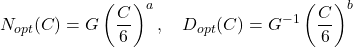 \[N_{opt}(C) = G\left(\frac{C}{6}\right)^{a}, \quad D_{opt}(C) = G^{-1}\left(\frac{C}{6}\right)^{b}\]